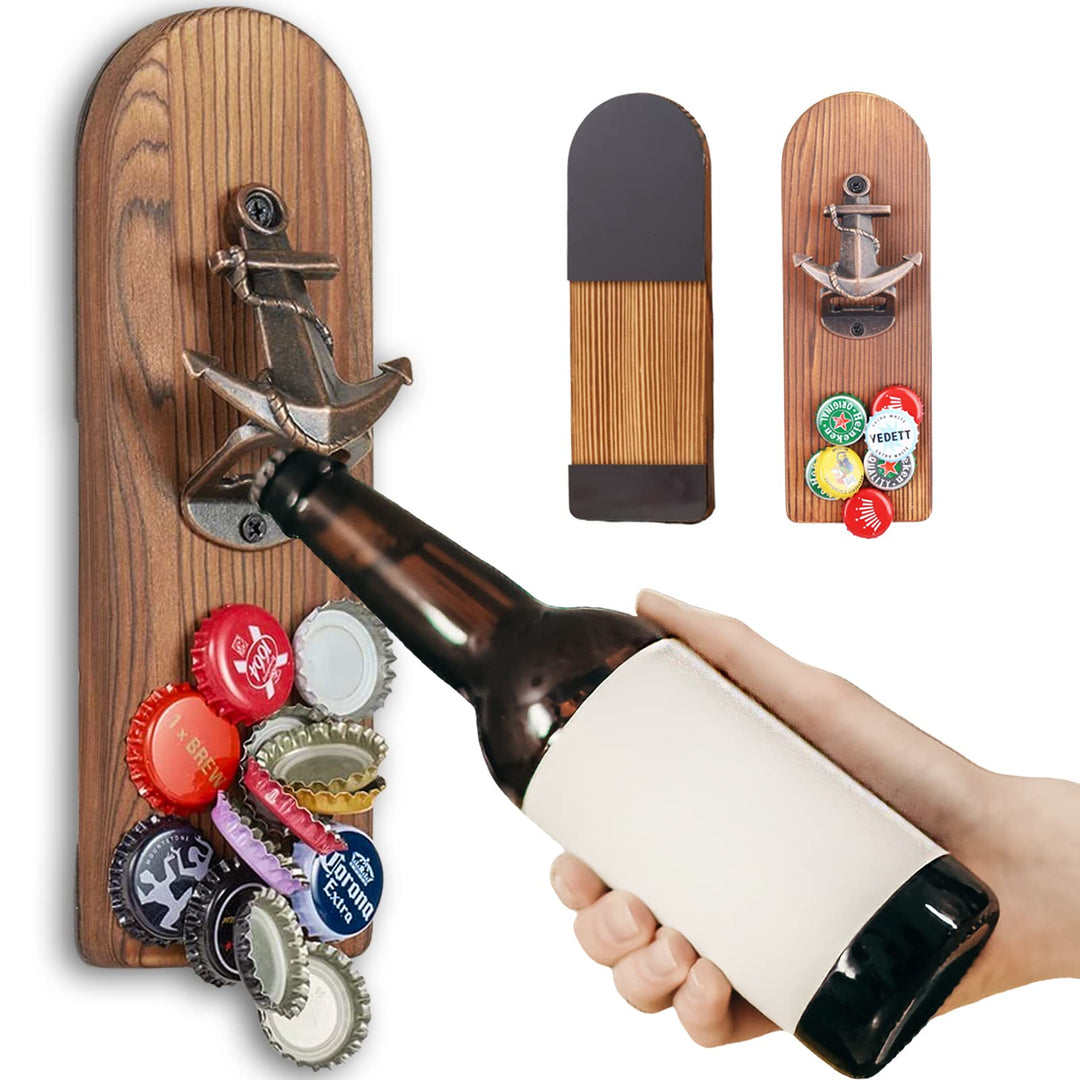ZONSUSE Flaschenöffner Wand Magnet mit Auffangbehälter,Vintage Holz Bieröffner Wand mit Behälter,Mag