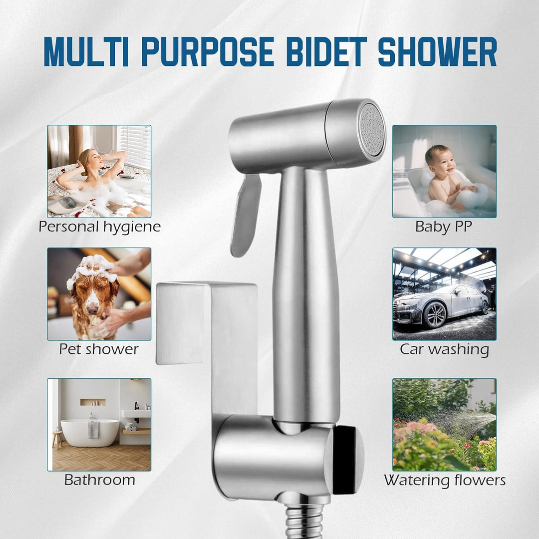 Bidet Edelstahl Handbrause, Badezimmer - Bidetaufsatz mit mit Wasserhahn-Spender, Federschlauchhaken