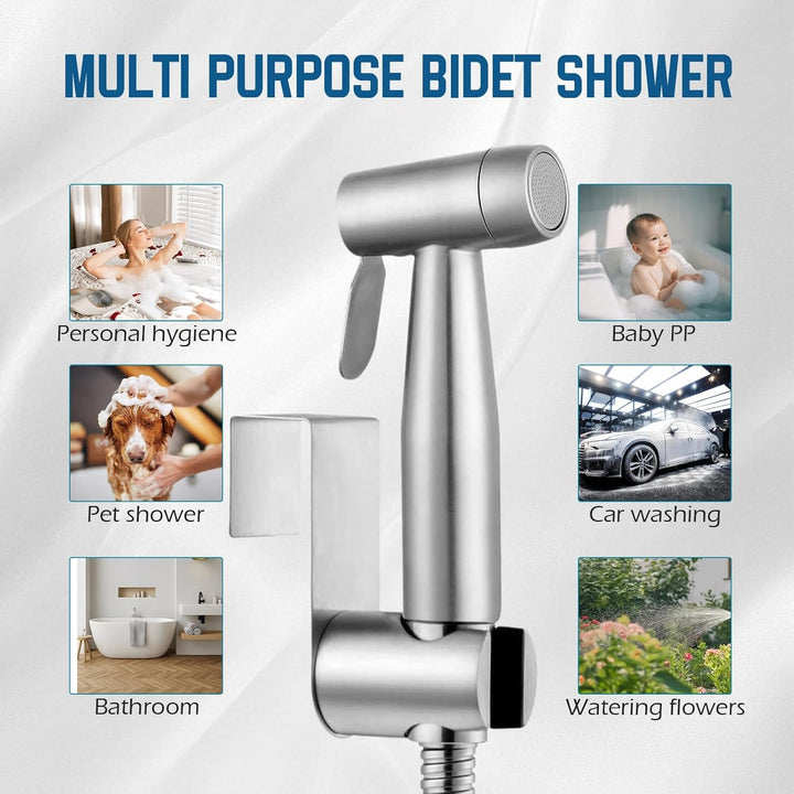 Bidet Edelstahl Handbrause, Badezimmer - Bidetaufsatz mit mit Wasserhahn-Spender, Federschlauchhaken