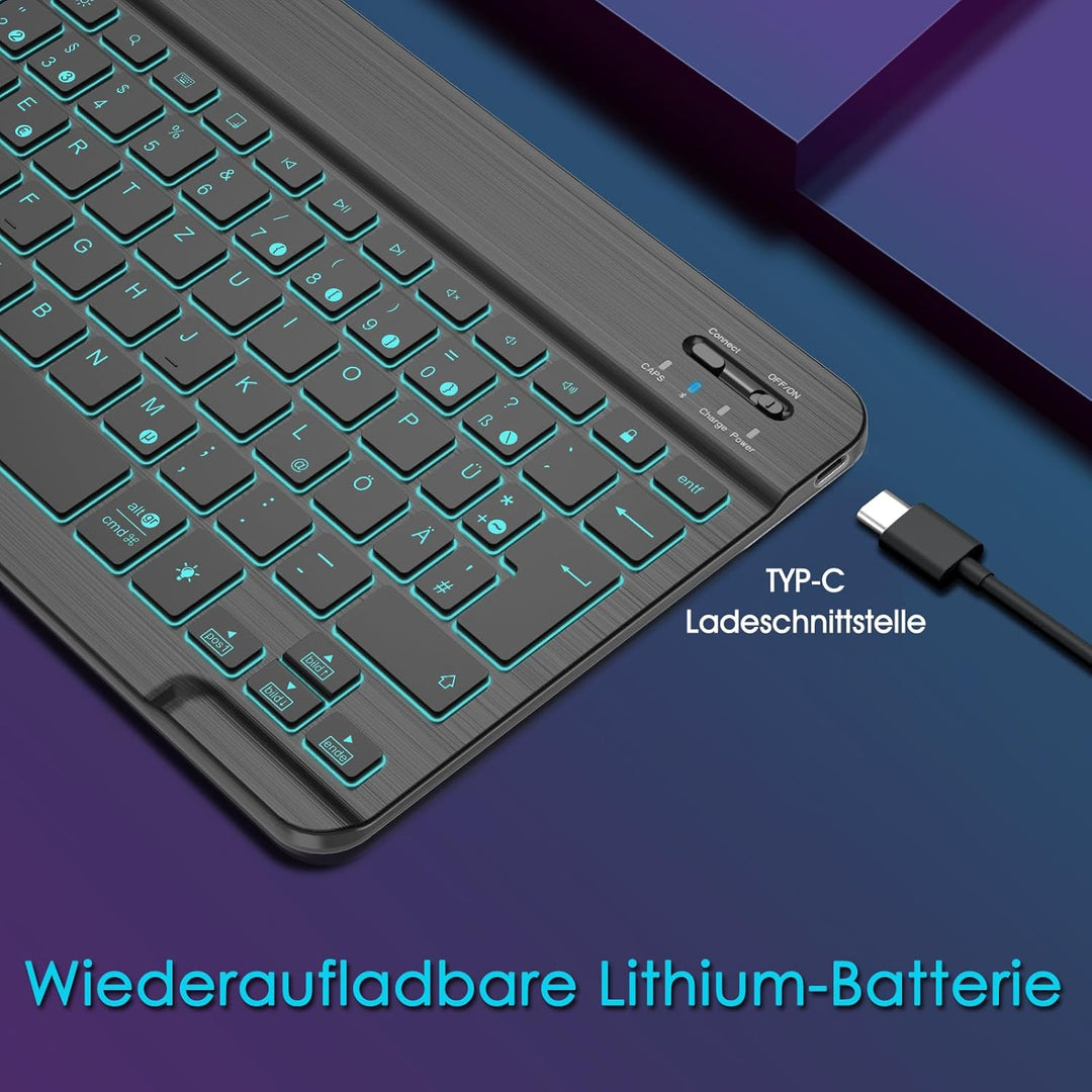 Fintie Beleuchtete Tablet Tastatur (Deutsches Layout QWERTZ), 10 Zoll Bluetooth Tastatur mit Hinterg