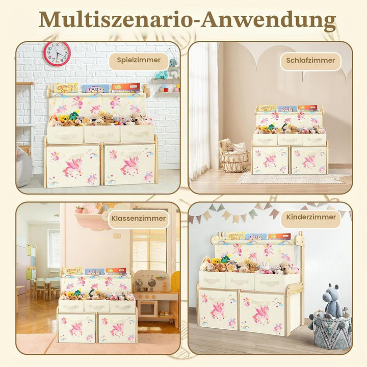 Kinderregal, Spielzeugregal, Bücherregal Kinder mit 5 Aufbewahrungsboxen 1 Hängefächern,3 Ebenen Kin