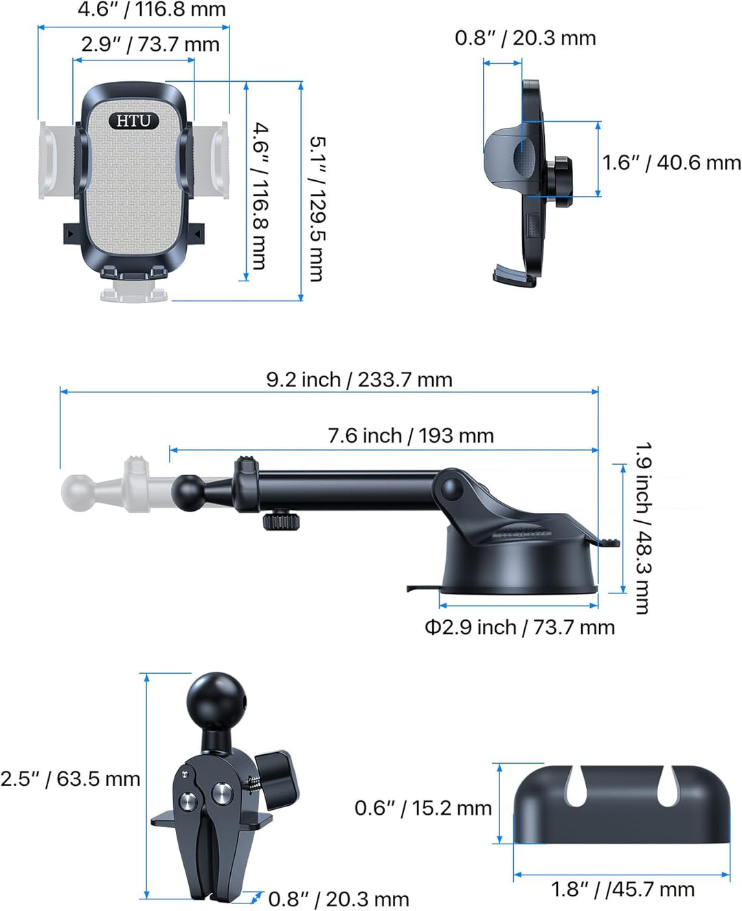 HTU 【Militär-Klasse】 4 in 1 Handyhalterung Auto【Tärkst Saugnapf &amp; Clip】 Federungskapazität 36KG 360°