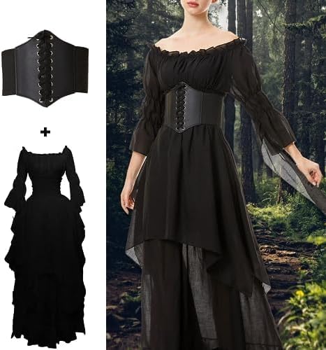 Halloween Kostüm Damen,Mittelalter Renaissance Kleidung mit Korsett Gürtel Retro Maxikleid Viktorian
