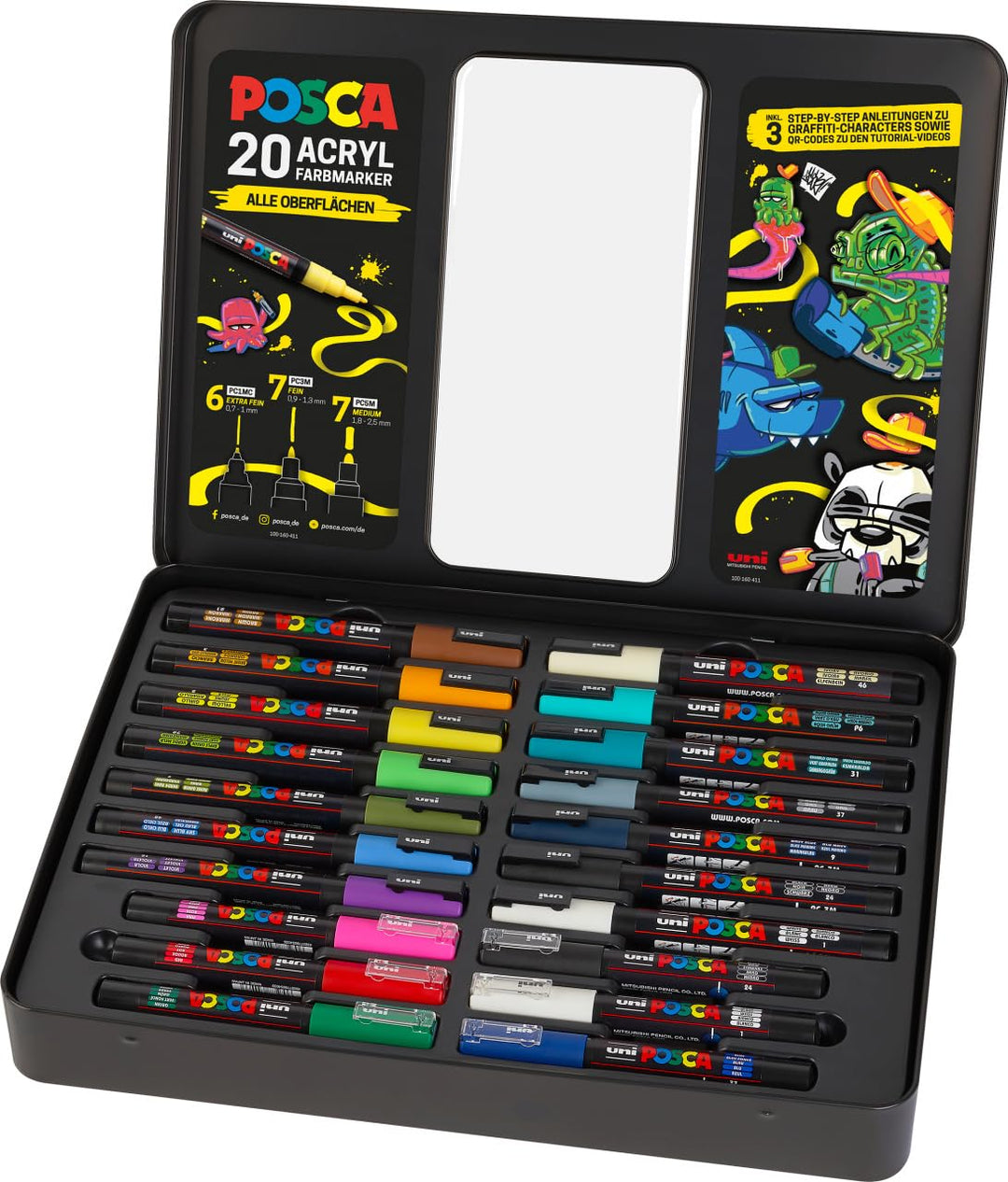 POSCA - Acrylmarker Set 20 Farben mit Metallkoffer & Anleitungen | Marker mit PC-1MC, PC-3M & PC-5M