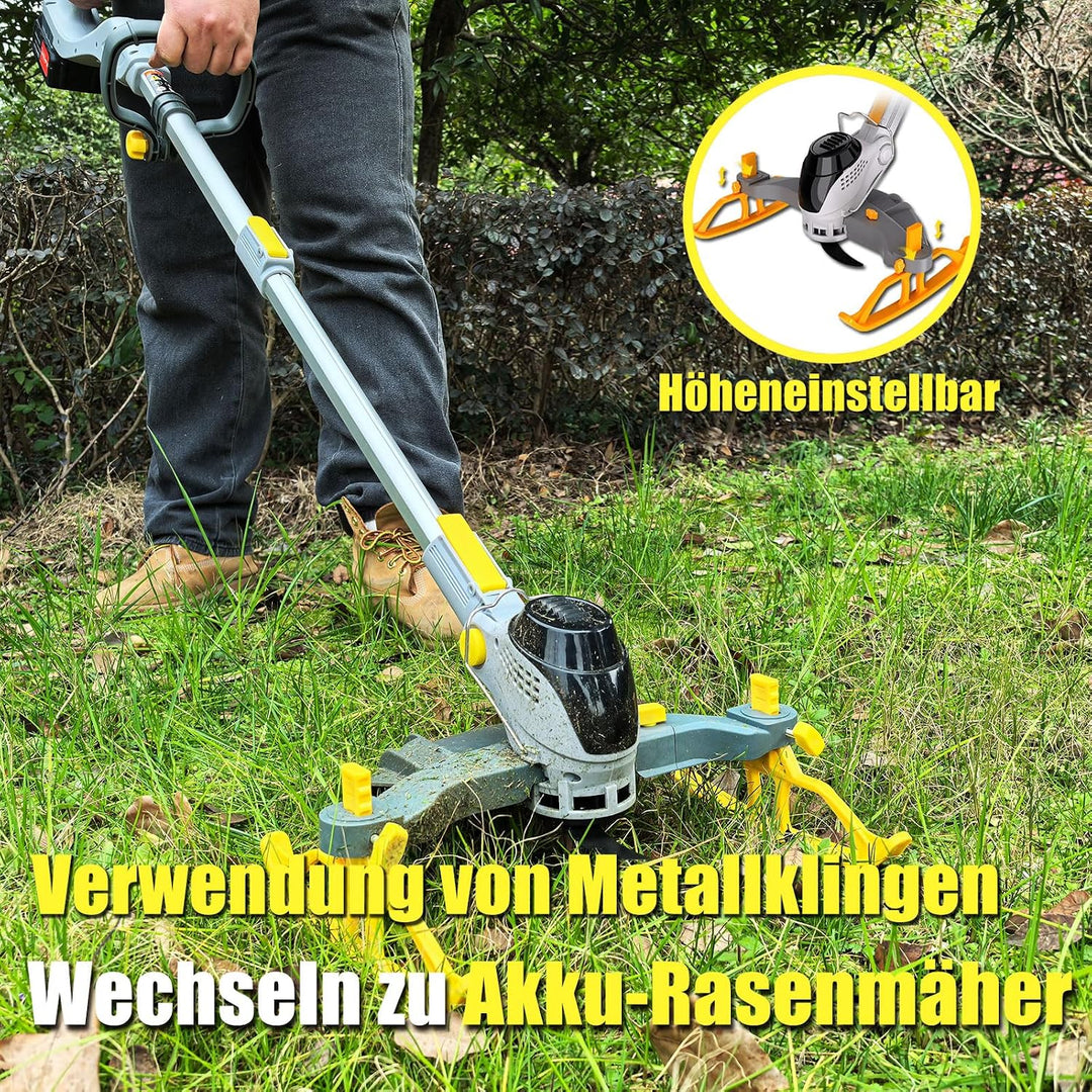 28CM Akku-Rasentrimmer, (2 x 21V 4.0A Akku und schnelles Ladegerät, Hilfsgleitrad, Trimmrad, Teleslo