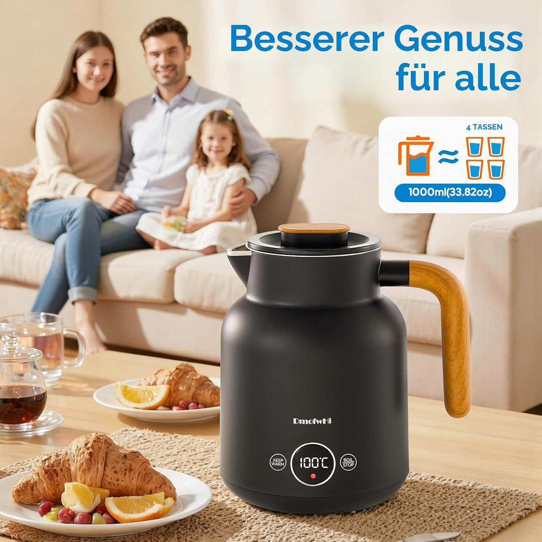 DmofwHi Edelstahl Wasserkocher mit Temperatureinstellung | 1.0L, 1000W | Teekocher mit Temperaturanz