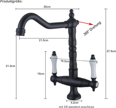 BOAOTX Wasserhahn Küche Schwarz Retro, Küchenarmatur Zweigriffmischer, Spültischarmatur 360° Schwenk