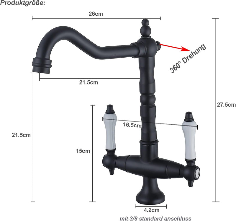BOAOTX Wasserhahn Küche Schwarz Retro, Küchenarmatur Zweigriffmischer, Spültischarmatur 360° Schwenk