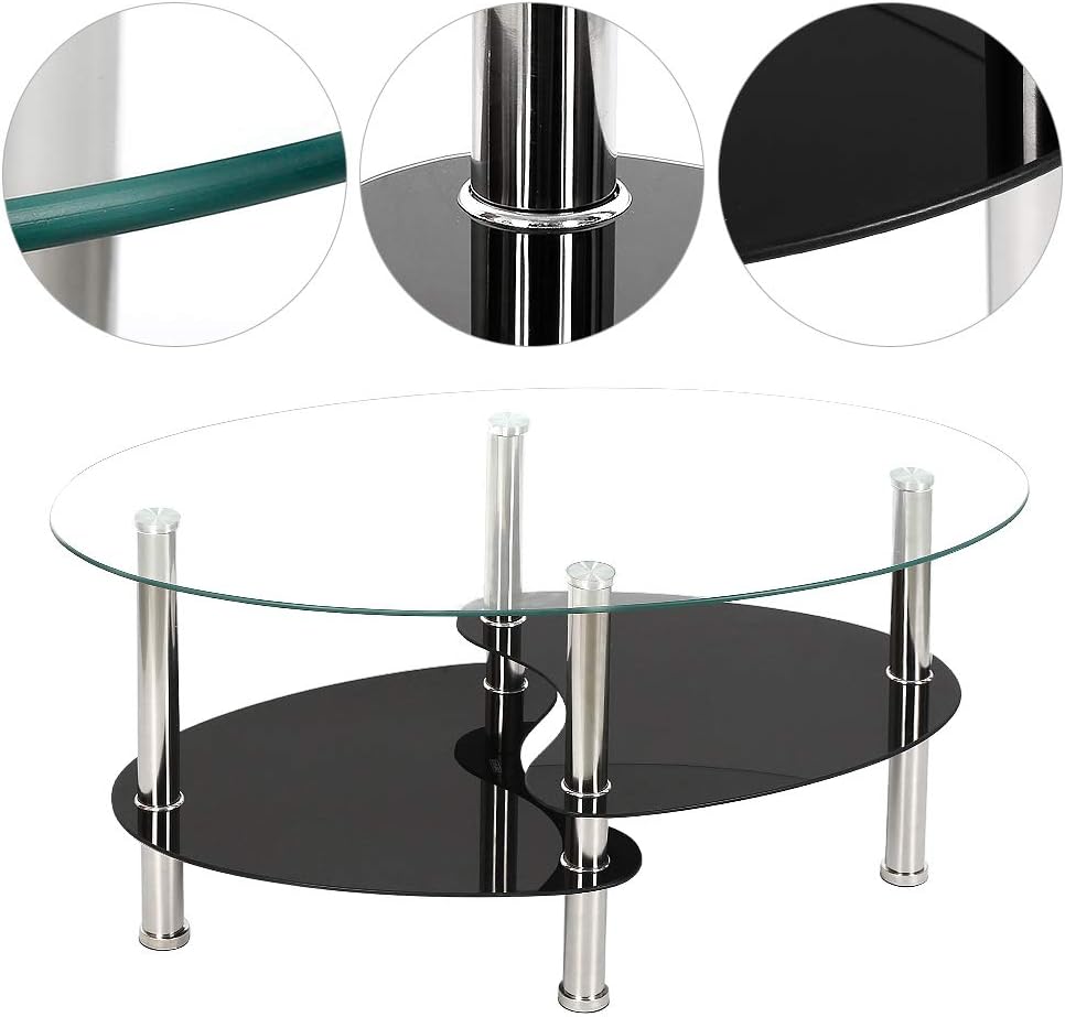 MINGYI Couchtisch aus gehärtetem Glas mit 3 Etagen, 90 × 50 × 43 cm, oval, Tisch, Café, für Wohnzimm
