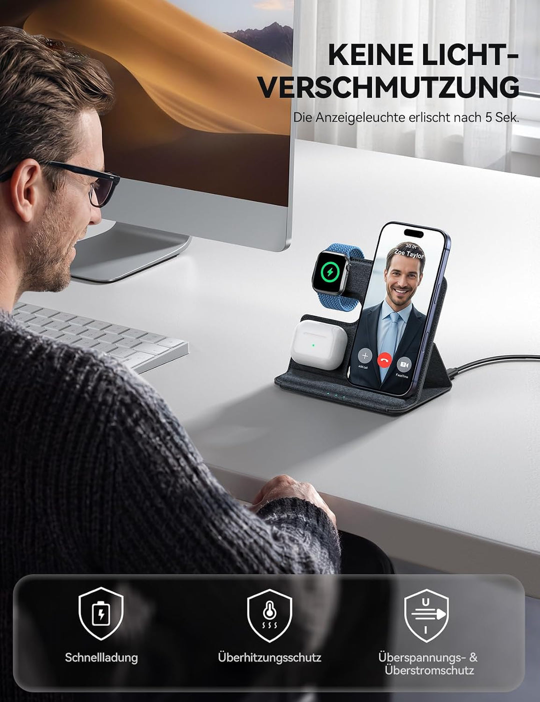 Lamicall 3 IN 1 Ladestation Apple Watch und iPhone, Für MagSafe Ladegerät Grau, Grau