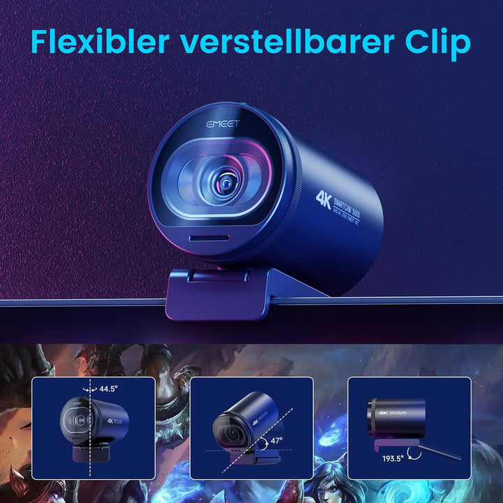 EMEET Webcam 4K S600, 1080P Webcam für PC mit Mikrofon, PDAF Autofokus, Lichtkorrektur, 73° Sichtfel