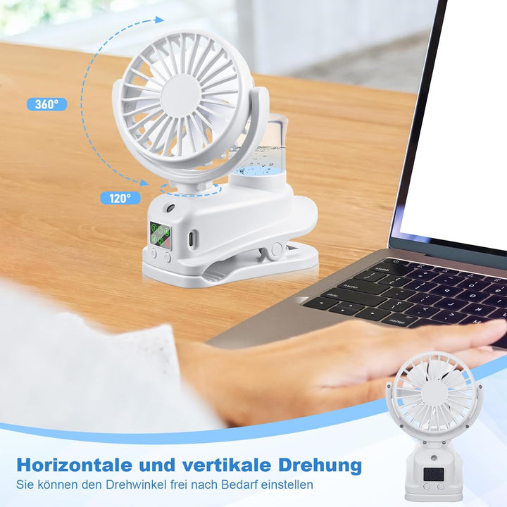 JIZZU USB Ventilator mit Wassernebel, 4 Geschwindigkeiten Wind Tischventilator mit Clip, Mini Ventil