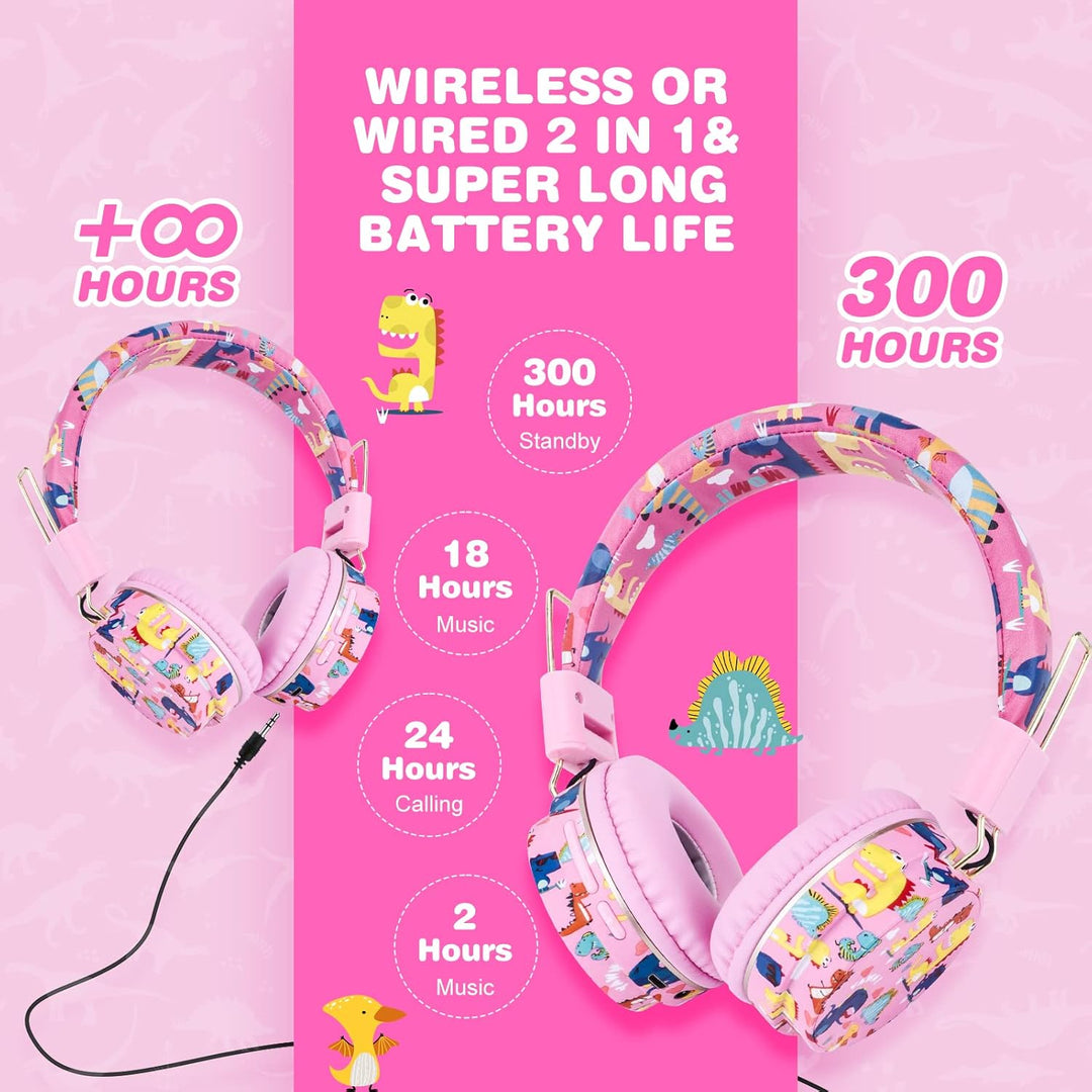 JYPS Bluetooth Kopfhörer Kinder, Dinosaurier Kopfhörer Kabellos Kinder mit Kabel und Mikrofon, Kids