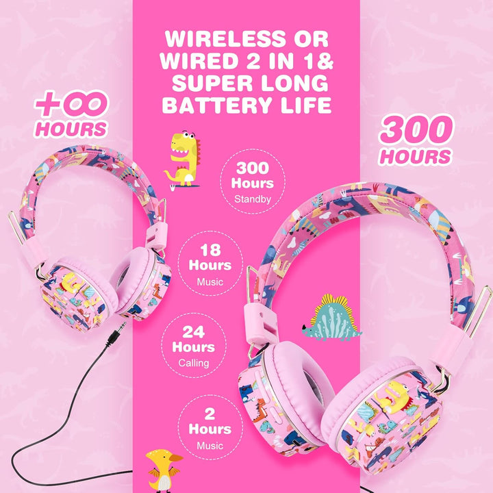 JYPS Bluetooth Kopfhörer Kinder, Dinosaurier Kopfhörer Kabellos Kinder mit Kabel und Mikrofon, Kids
