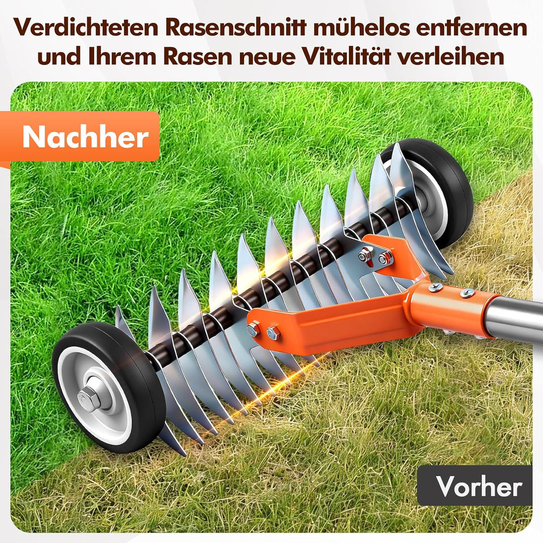 Rasen Rakel,166 cm Handvertikutierer,Gartenrechen Verstellbar,Rasenlüfter mit Rädern,zum Entfernen v