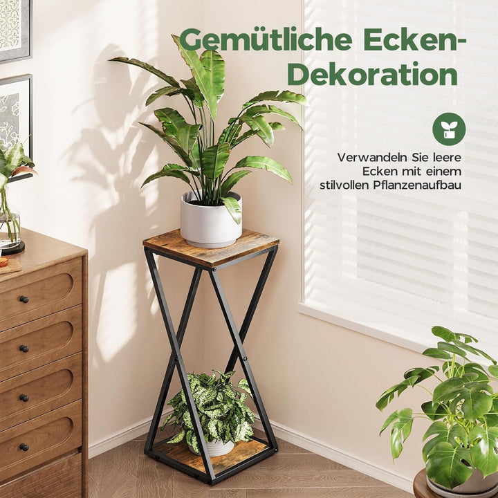 Bamworld Blumenständer Metall mit Holz Ablagen, 2 Ebenen Pflanzenständer im Industrie-Design, Blumen