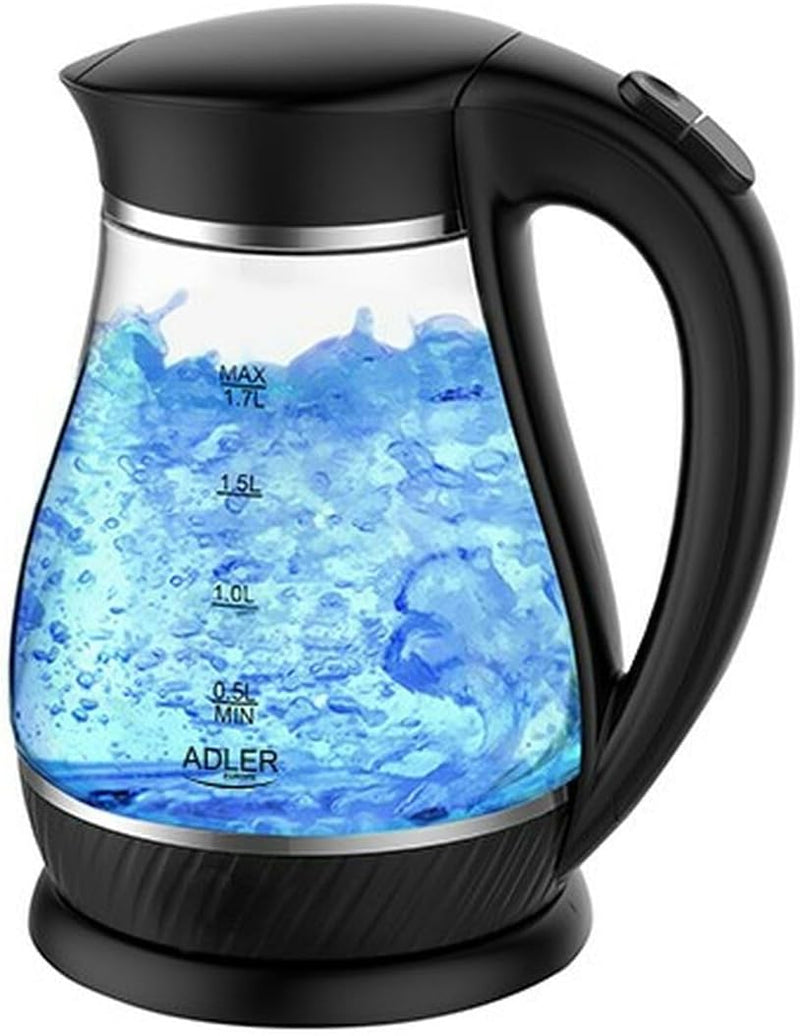 Adler Black Wasserkocher aus Glas mit einem Fassungsvermögen von 1,7 Liter und 2000 W Leistung AD 12