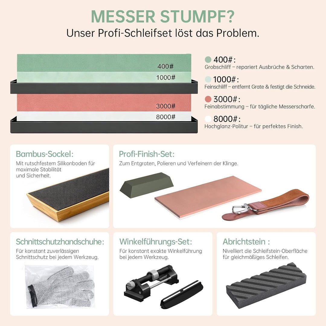 Schleifstein Set für Messer，whetstone mit 4 Körnung（400/1000 3000/8000）zum Schärfen von Messern，shar