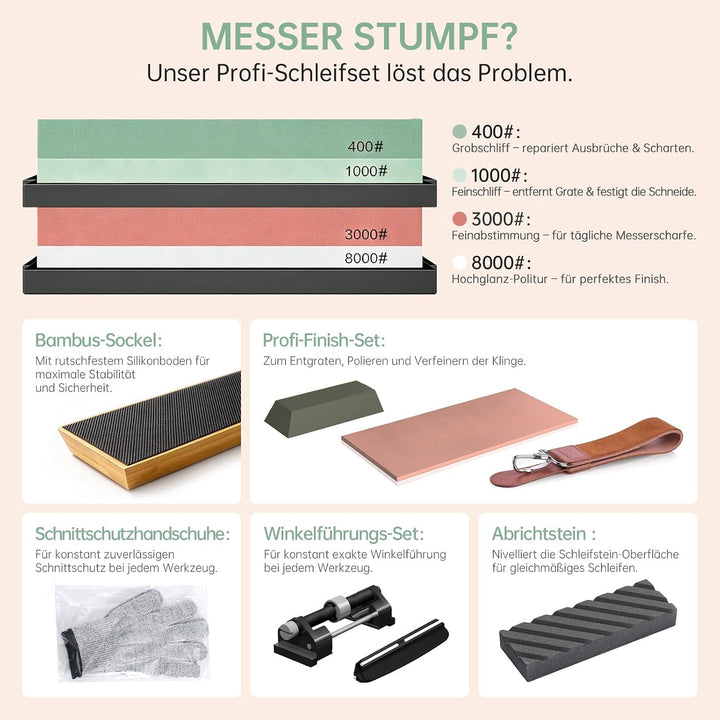 Schleifstein Set für Messer，whetstone mit 4 Körnung（400/1000 3000/8000）zum Schärfen von Messern，shar