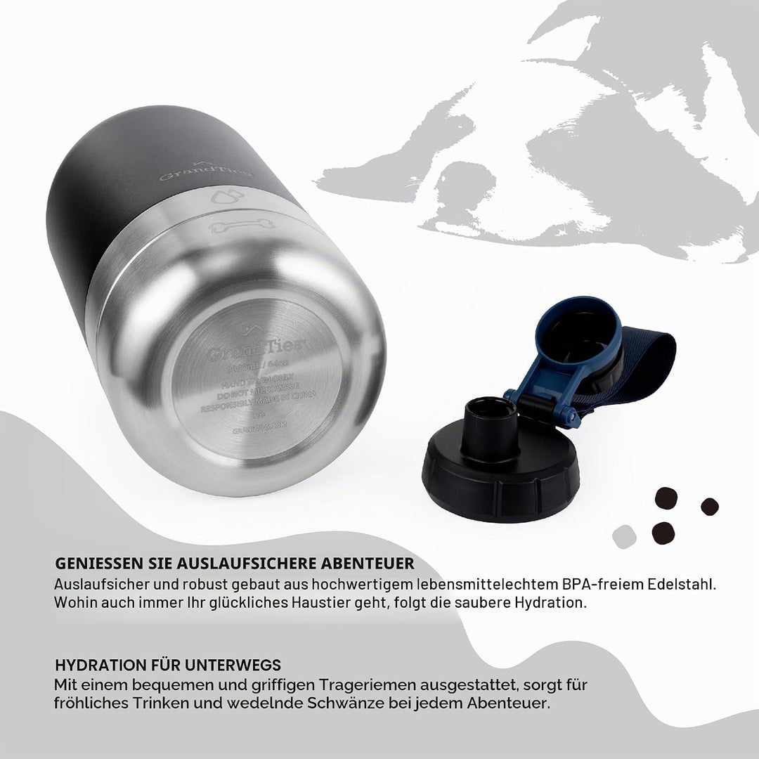 GrandTies Isolierte tragbare Hundewasserflasche mit 2 abnehmbaren Hundenapfspender, auslaufsicherer