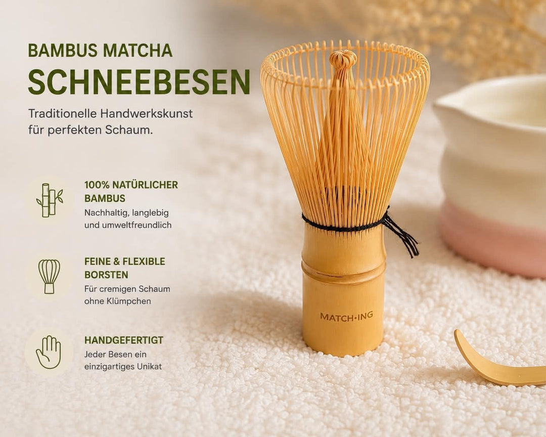 Matcha Set 4-teilig – Keramik Matcha Schale, Bambus Matcha Besen (Chasen), Besenhalter & Löffel – Ja