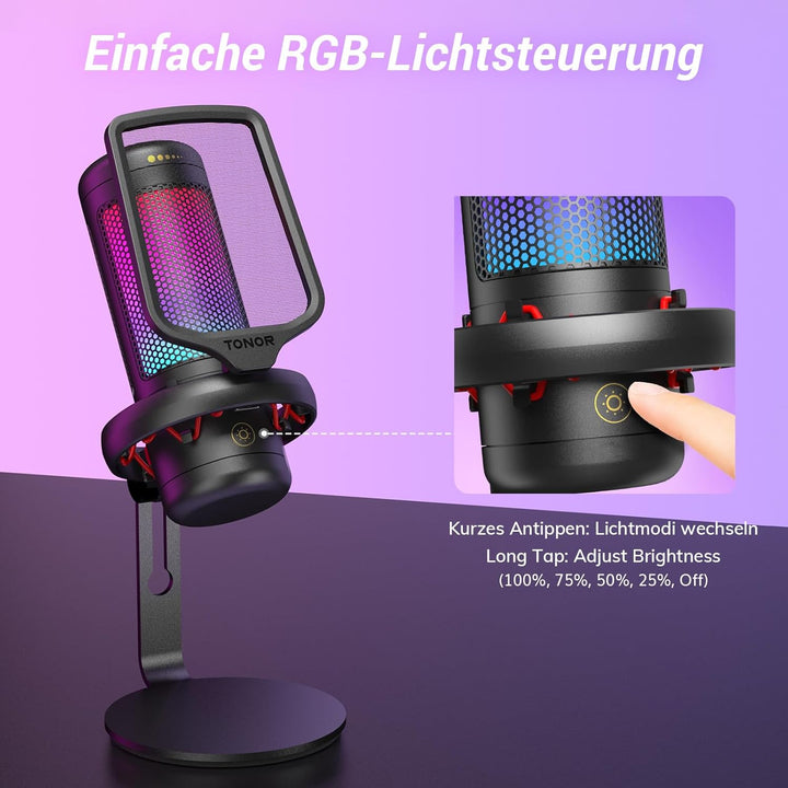 TONOR Gaming Mikrofon PC mit RGB-Modi & Helligkeit einstellbar, USB/Type-C Microphone für Streaming
