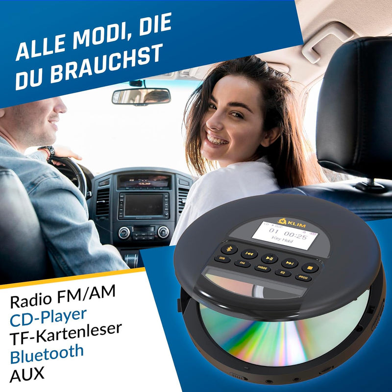 KLIM Nomad CD Player Bluetooth - Tragbarer CD-Player Discman mit langlebigem Akku - Inklusive Kopfhö