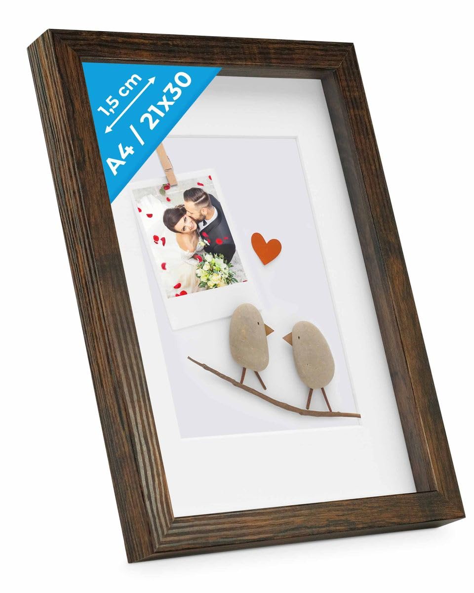 PHOTOLINI 3D Bilderrahmen zum Befüllen 21x30 A4 Eiche dunkel, 1,5 cm tiefer Objektrahmen mit Glas, t