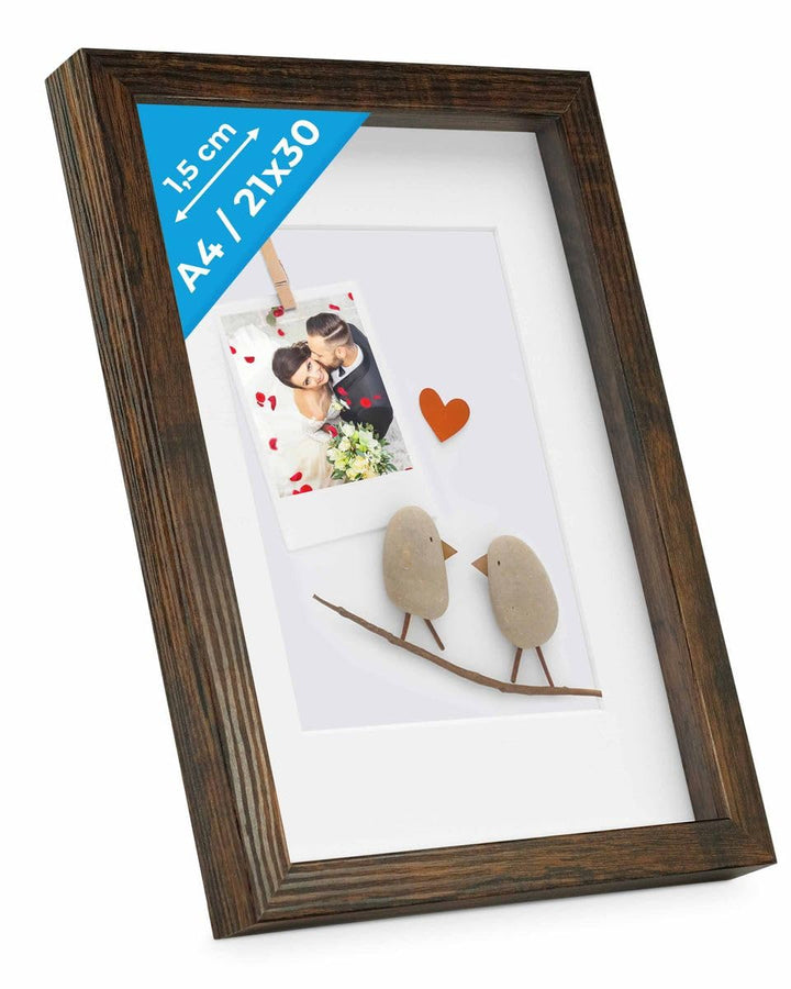 PHOTOLINI 3D Bilderrahmen zum Befüllen 21x30 A4 Eiche dunkel, 1,5 cm tiefer Objektrahmen mit Glas, t