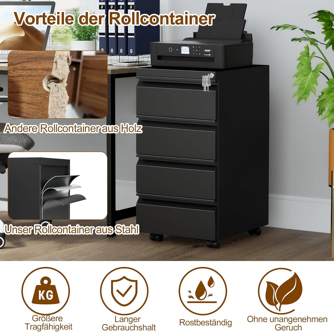 Rollcontainer, Mobiler Aktenschrank mit Schloss, 4 Schlüssel, 4 Schubladen, Büroschrank aus Metall,