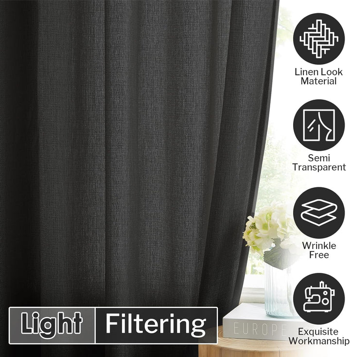 Melodieux Vorhänge Schwarz Transparent Leinen Optik Voile Gardinen für Wohnzimmer Schlafzimmer, 2er