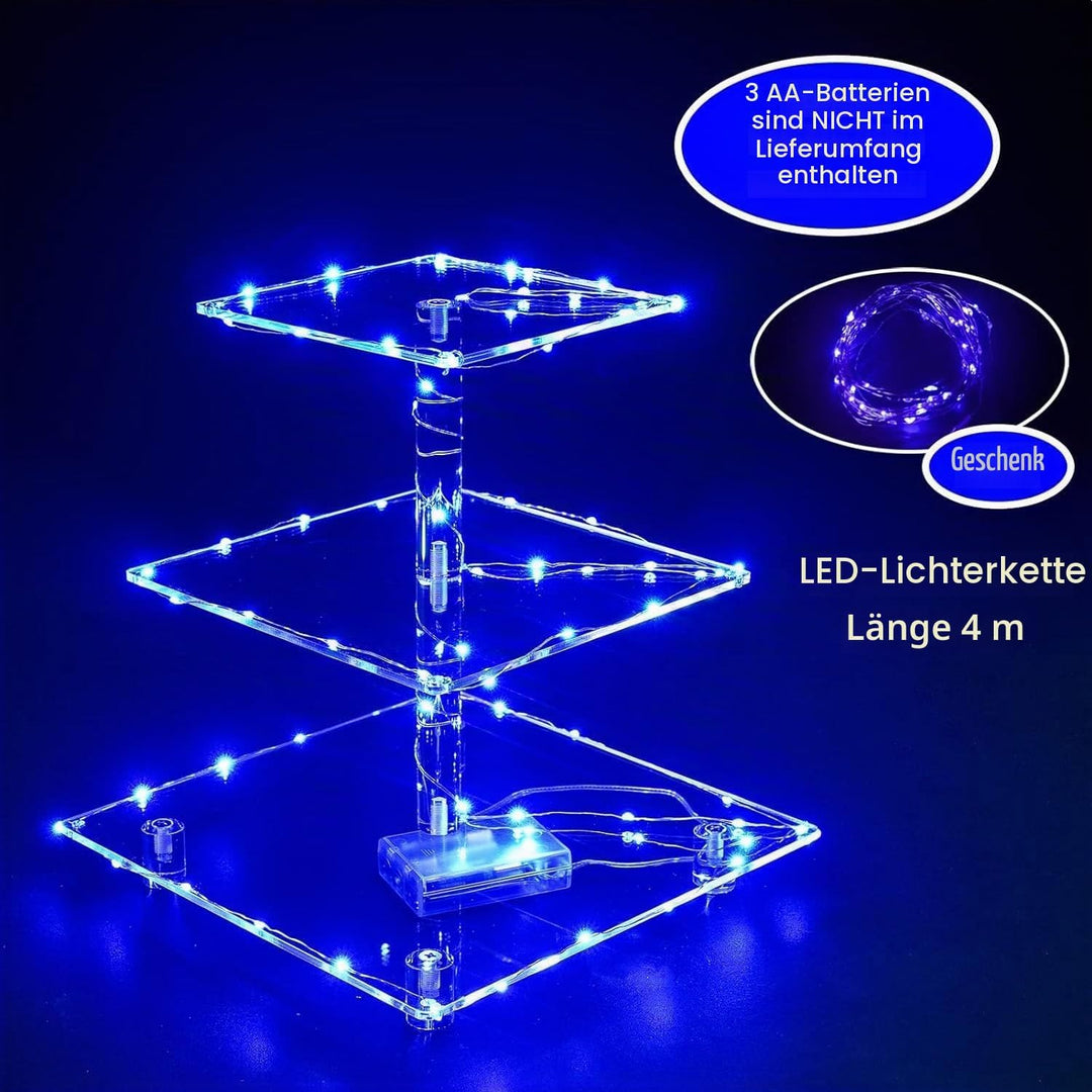 3 Etagen Cupcake Ständer, Blau LED Lichterkette de Tortenständer Acryl für Hochzeit, Party, Geburtst