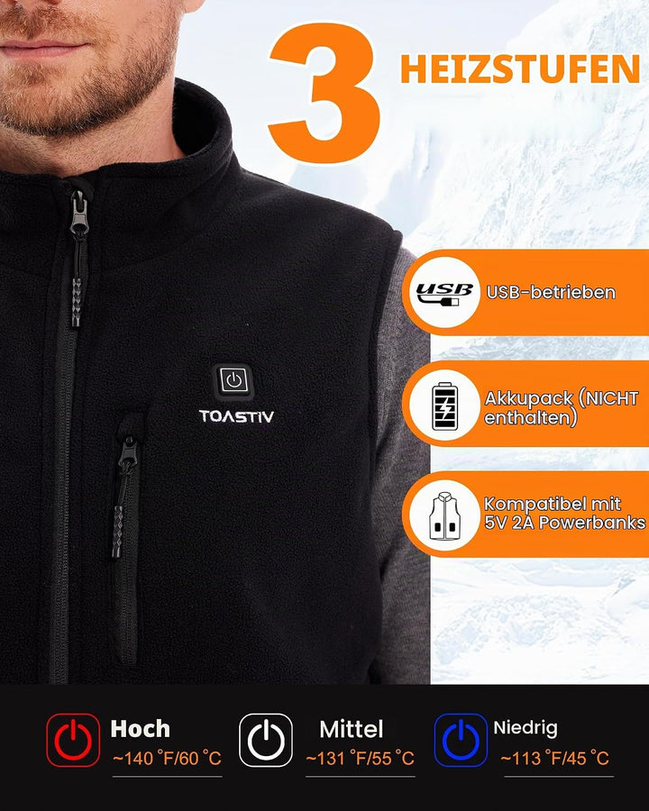 Beheizbare Weste, Polarfleece Heizweste Herren, Elektrische beheizte Weste mit 3 Temperaturen, 6 Hei