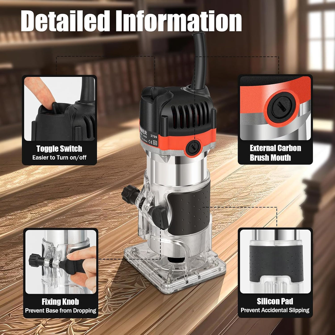 Oberfräse 800W Professional Kantenfräse Elektrisch Hand Trimmer 1/4" Holzfräse Laminergerät Router m