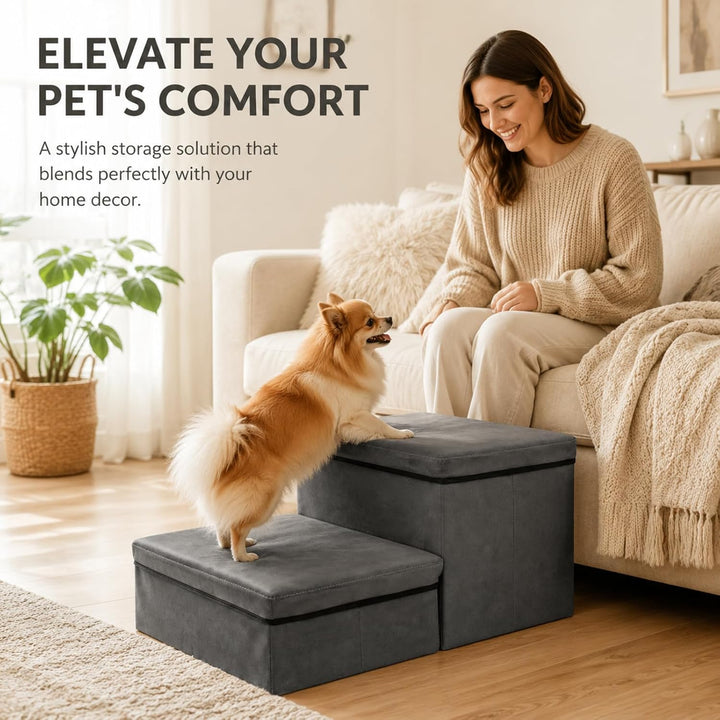 Hundetreppe mit Stauraum, faltbar, 2 Stufen, rutschfeste breite Hunderampe, Haustiertreppe für Bett
