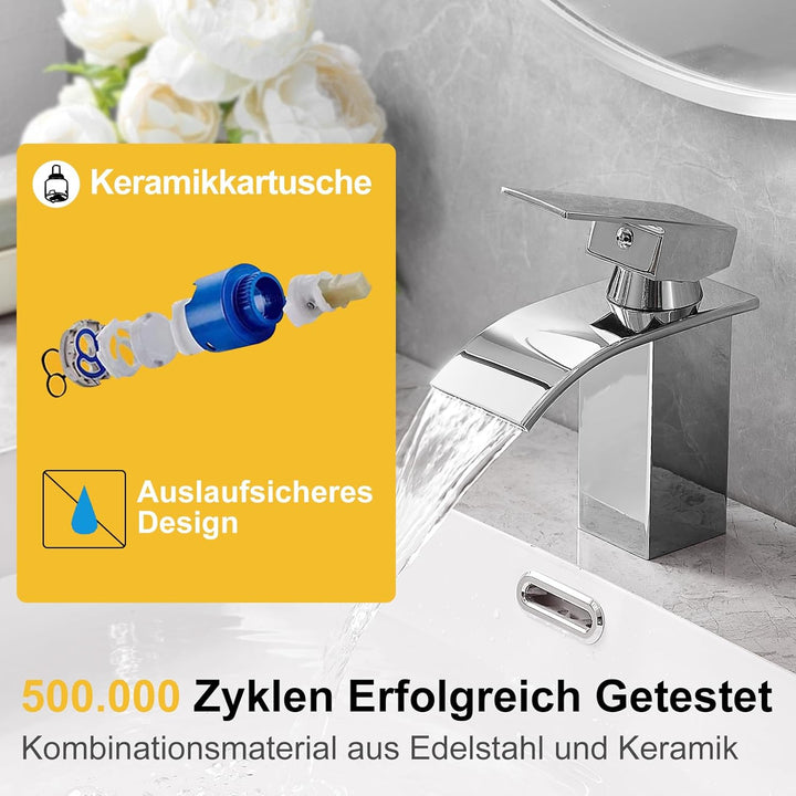 BESy Wasserfall Waschtischarmatur aus Edelstahl, Waschbecken Wasserhahn mit Auslauf Höhe 82mm, Einhe
