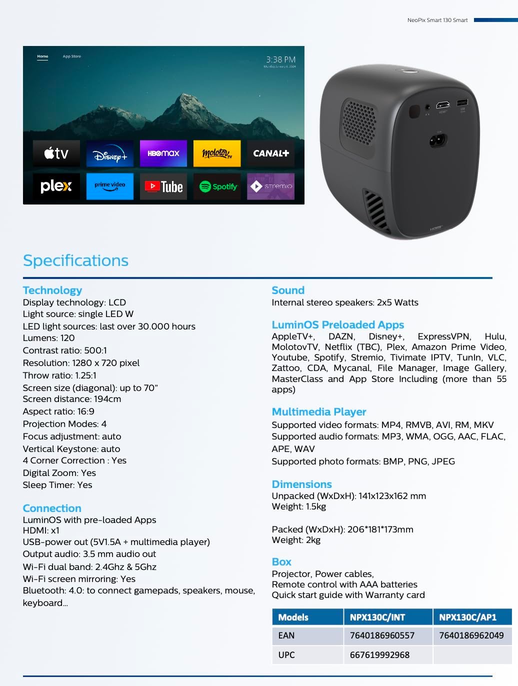 Philips, Neopix 130, Heimkinoprojektor, erweiterte Bildkorrektur, Full HD 720p, fortschrittliche LED