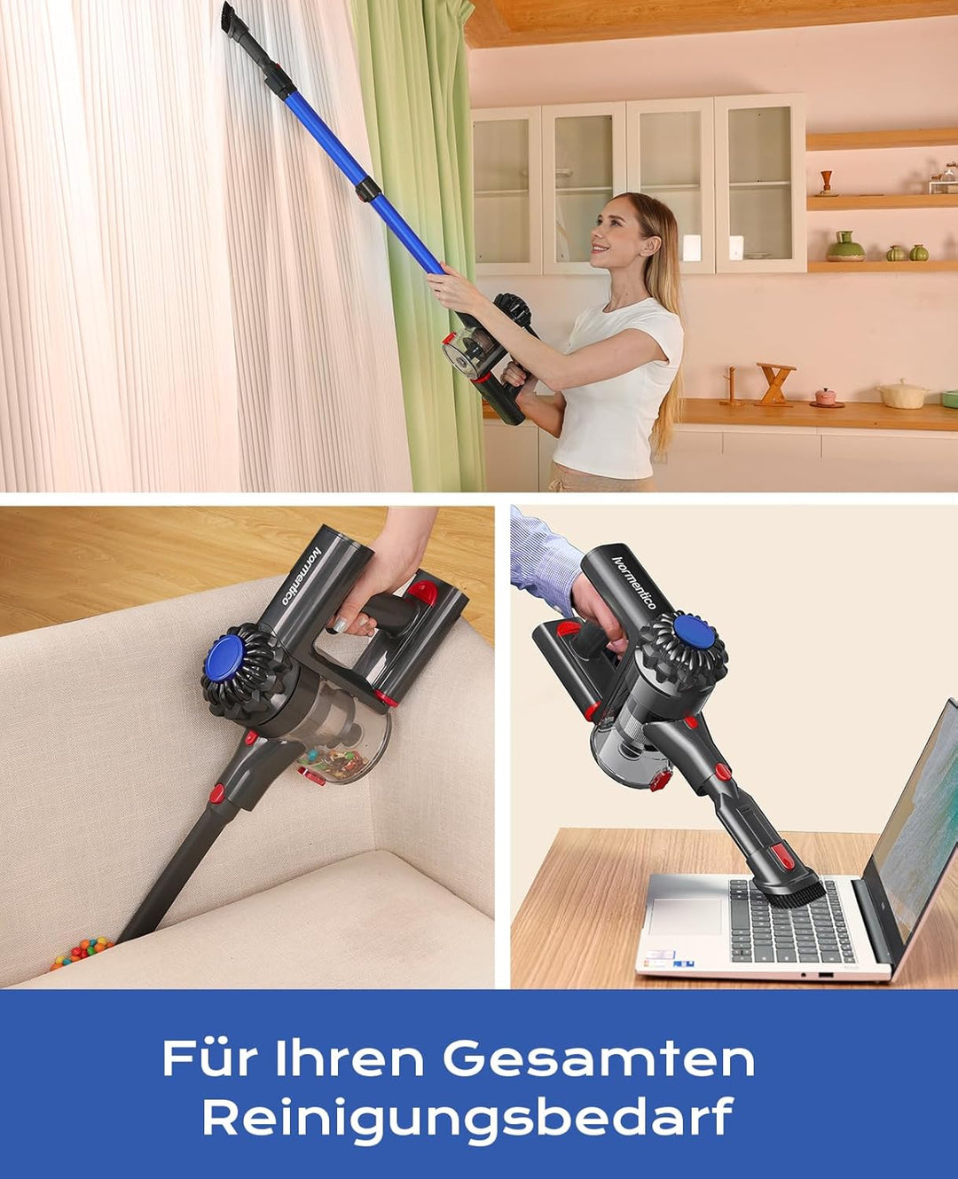Akku Staubsauger Kabellos 50Mins/40KPA/450W, Akkustaubsauger mit Geen LED, Kabelloser Staubsauger mi