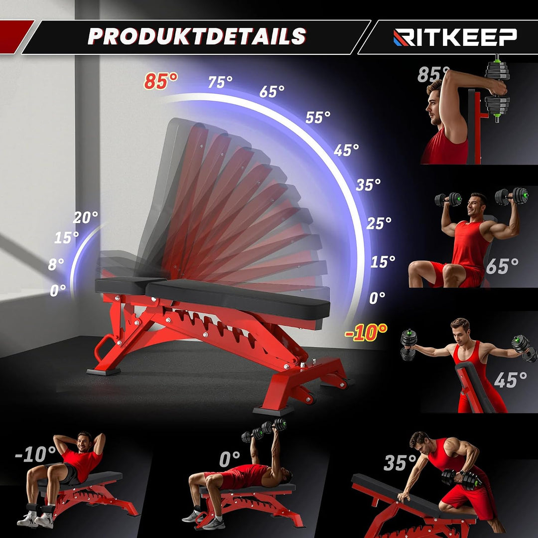 RitKeep RAB-3000 Hantelbank, 590 kg, verstellbare Schrägbank für Home Gym | 10 Rückenlehnen- & 4 Sit