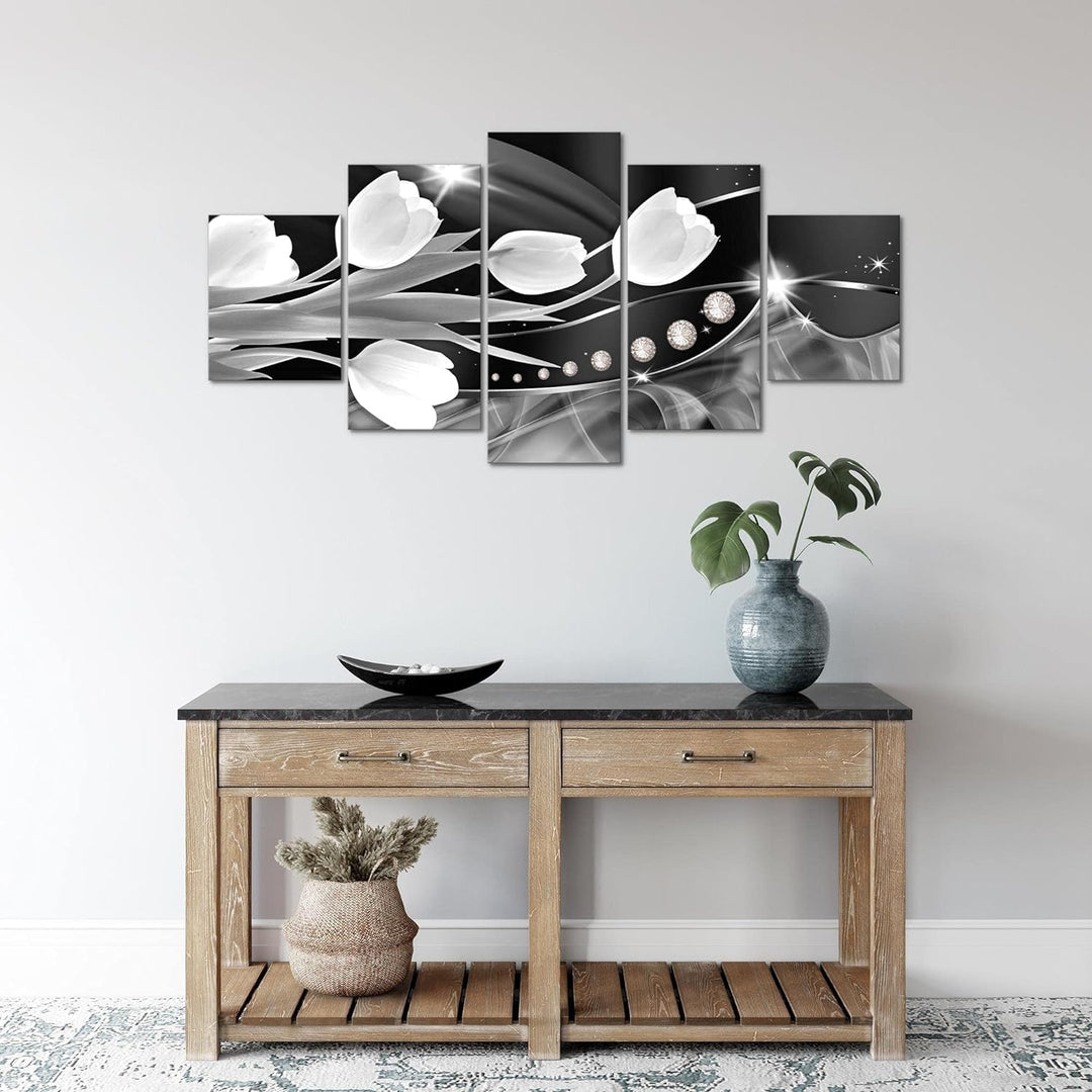 Runa Art Wandbilder Blumen Tulpen 5 Teilig Bild auf Vlies Leinwand Deko Wohnzimmer Abstrakt Schwarz