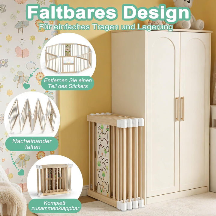 FIVMEN Laufstall Baby Faltbar 143.5 x 143.5 x 61cm inkl. Tür Matte Stabile Holz Laufgitter Anpassbar