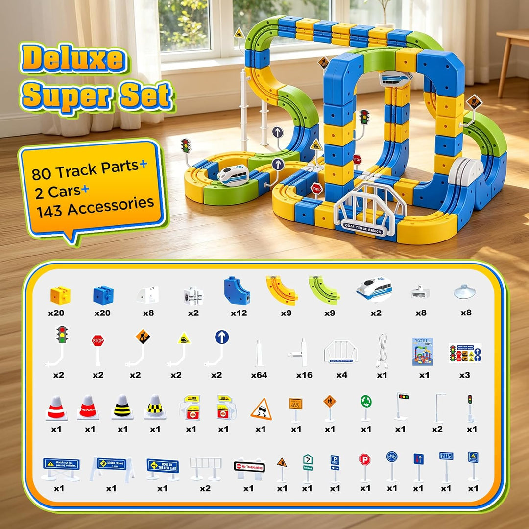224 Stück Cube Track Set mit Saugnapf &amp; Type-C Ladung, Elektrische Eisenbahn mit 2 Zügen &amp; 3D Gear T