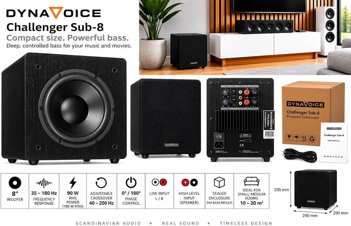 Dynavoice Aktiver Subwoofer 90W RMS Geschlossenes Gehäuse 8 Zoll Tieftöner Schnellansprechender Bass