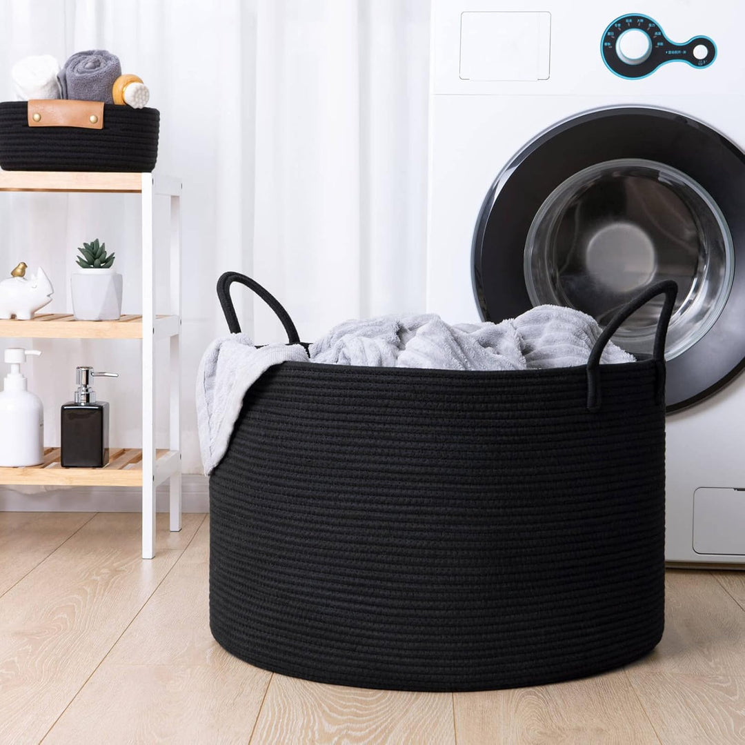 TIMEYARD Aufbewahrungskorb Gross Baumwolle Geflochten 55x35cm Schwarz | Grosser Korb für Decken, Kis