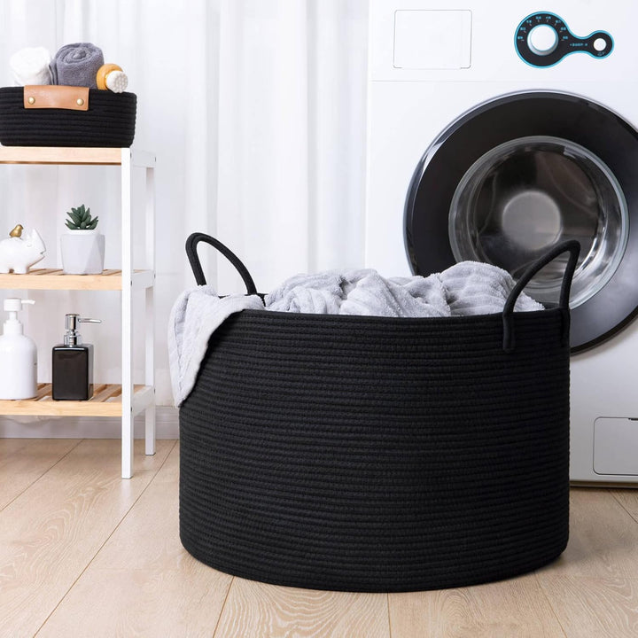 TIMEYARD Aufbewahrungskorb Gross Baumwolle Geflochten 55x35cm Schwarz | Grosser Korb für Decken, Kis