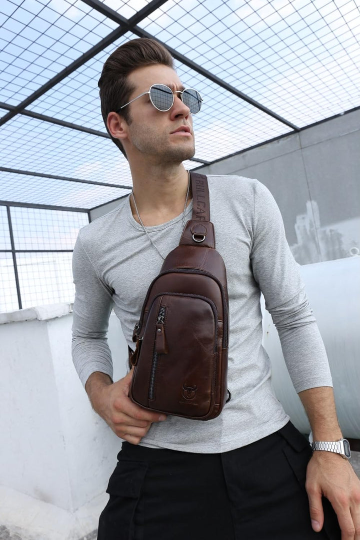 HARPIMER Brusttasche Leder Sling Rucksack Schultertasche Herren, Brusttasche Umhängetasche Schultert