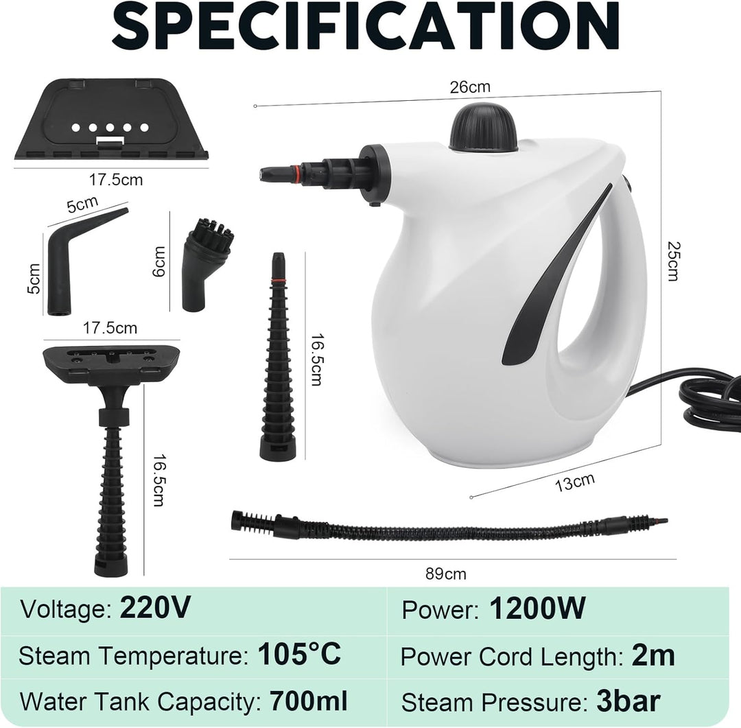 Roadtime 1200W Handdampfreiniger, 700ml Druck-Mehrzweckdampfreiniger mit 8 Zubehör,3 bar Dampfdruck,