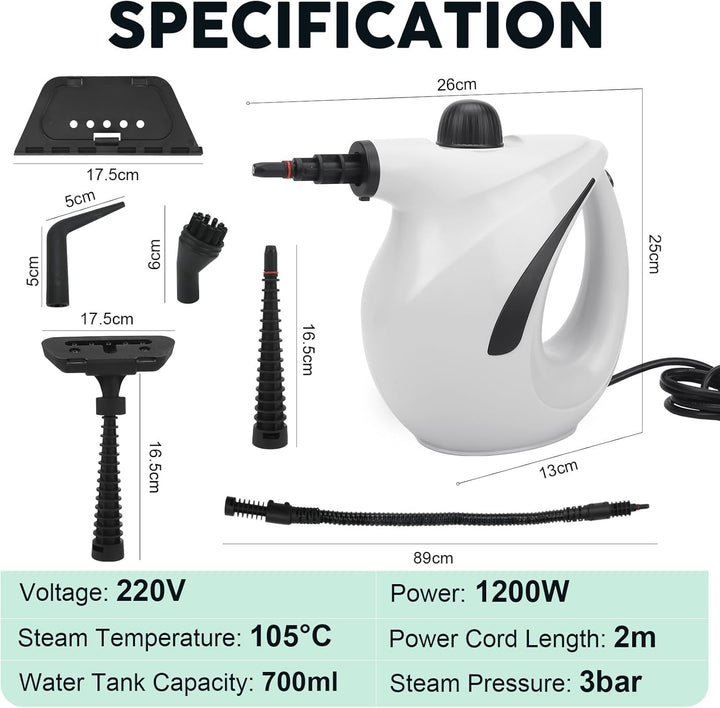 Roadtime 1200W Handdampfreiniger, 700ml Druck-Mehrzweckdampfreiniger mit 8 Zubehör,3 bar Dampfdruck,