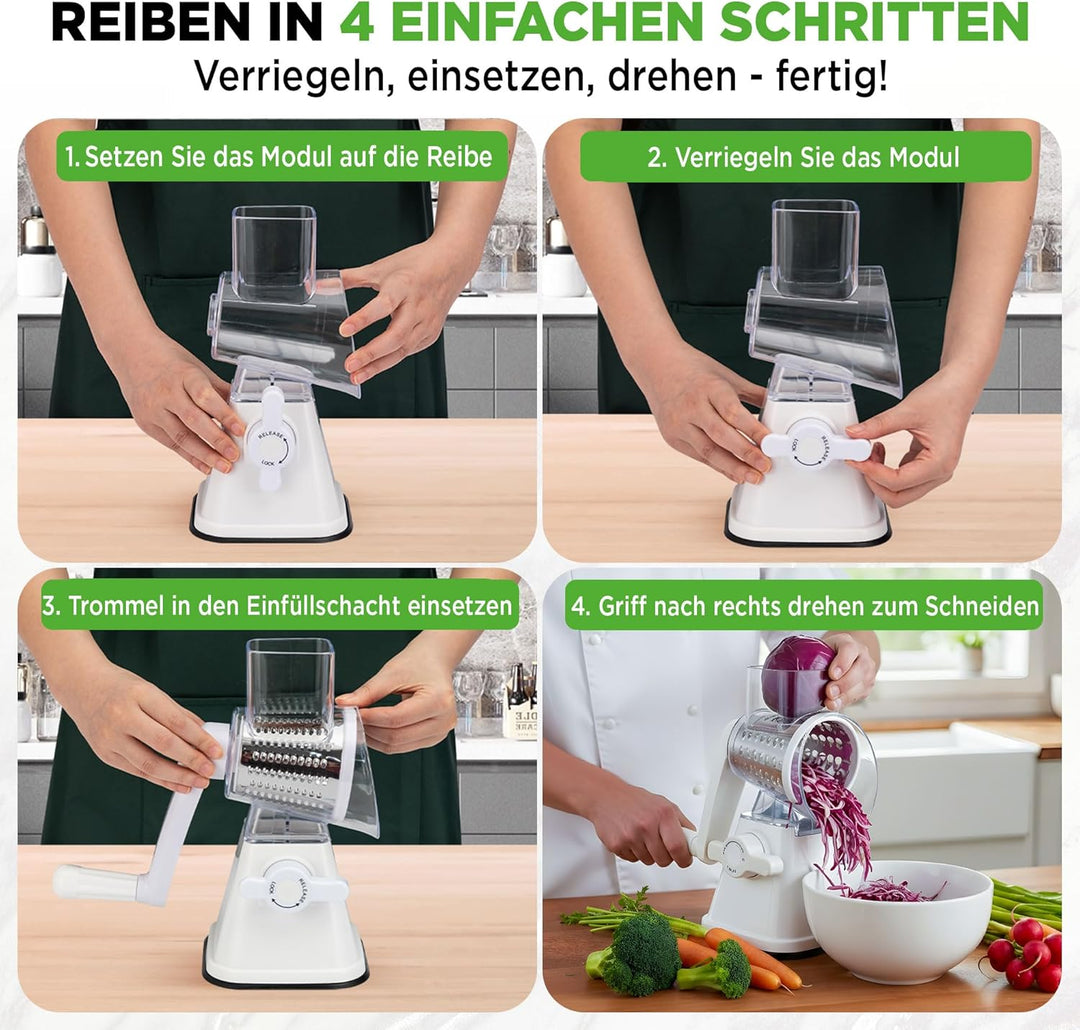 NutriChef 3-in-1 Trommelreibe - mit Kurbel – Gemüsereibe & drehbare Käsereibe – 3 Trommeln für Fein,