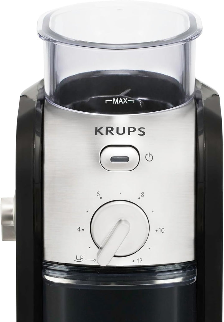 KRUPS GVX212 Kaffeemühle | mit Mahlgrad- Und Tassenzahlauswahl | Scheibenmahlwerk aus Edelstahl | 22